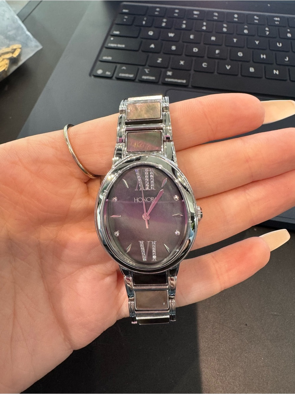 Brand New Honora Black Mother of Pearl & White Topaz Watch Silver Tone